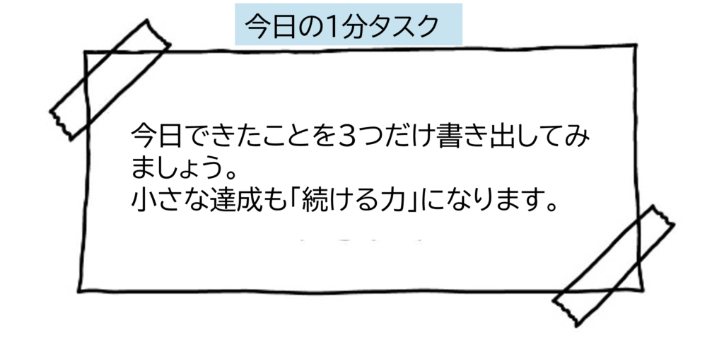 今日できたことを3つだけ書き出してみましょう。小さな達成も「続ける力」になります。
