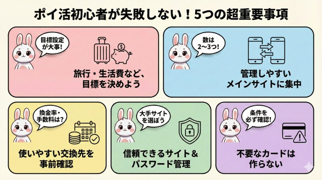 ポイ活初心者が失敗しないための基本ポイント5つの図解